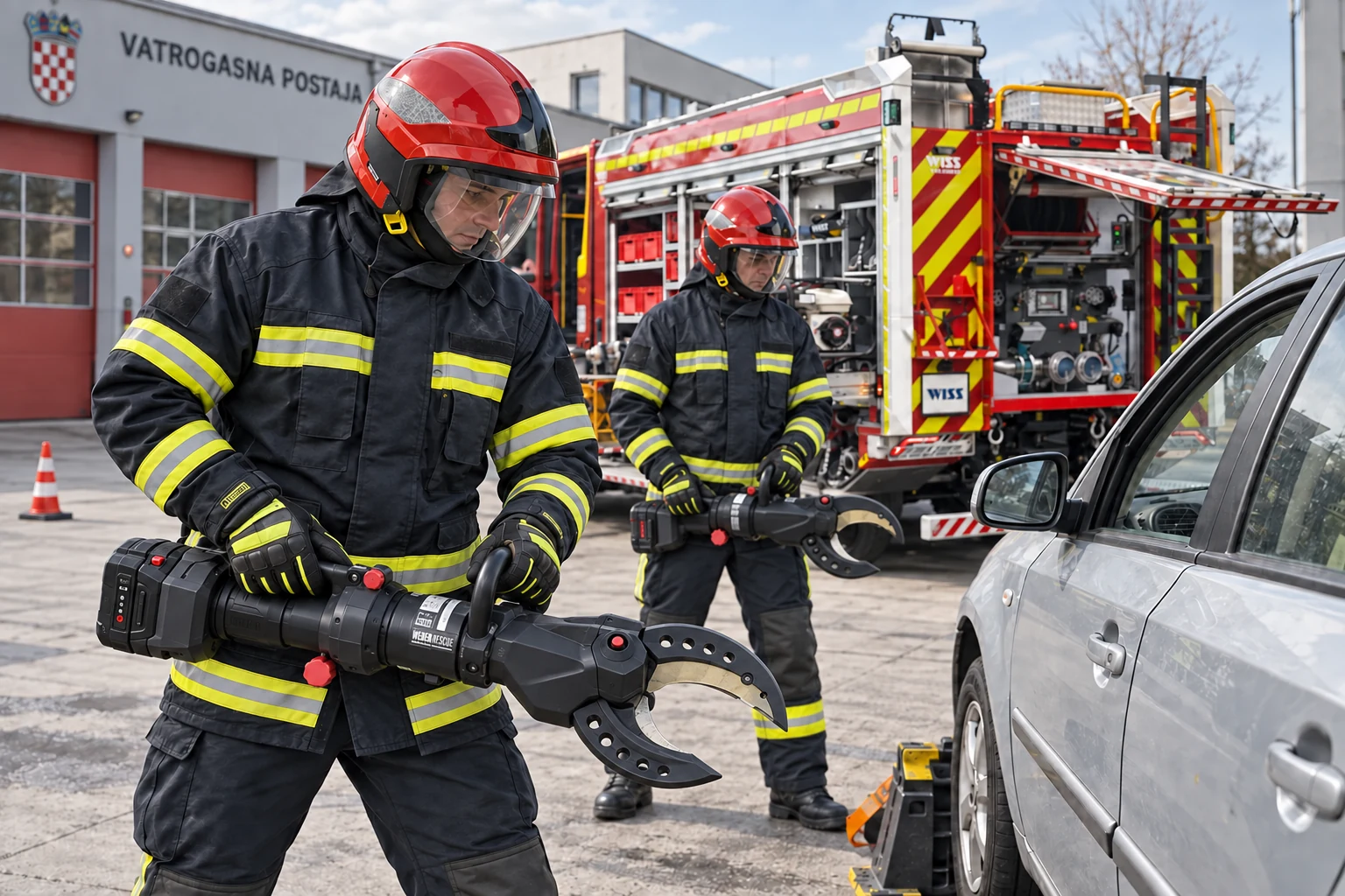 Ilustracija vježbe tehničkog spašavanja s WEBER RESCUE alatima, europskom opremom i WISS vozilom.