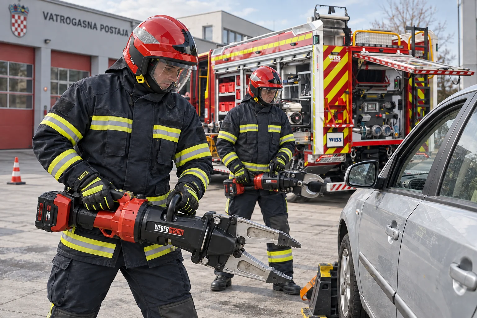 Ilustracija vježbe tehničkog spašavanja s WEBER RESCUE alatima, europskom opremom i WISS vozilom.